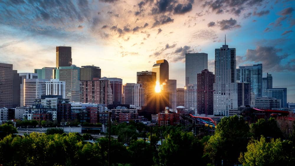 Skyline of Denver bathed in the morning sunlight